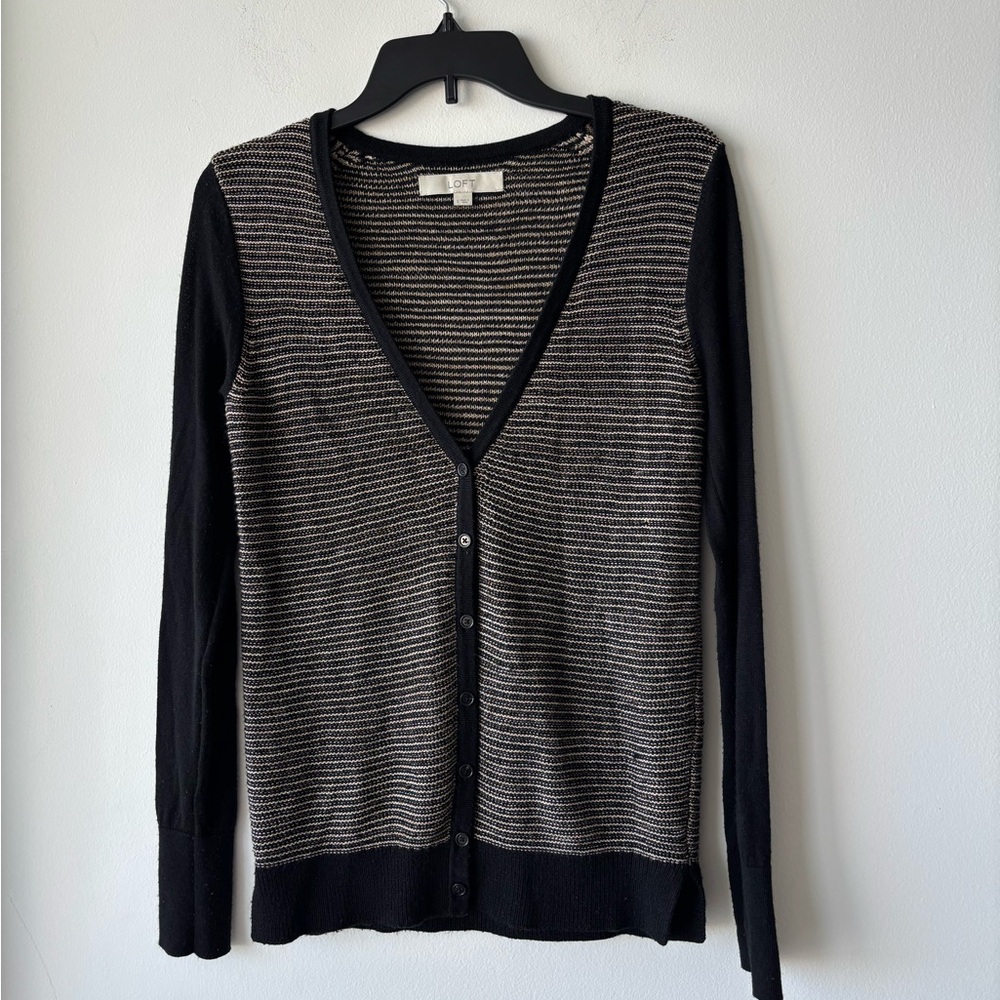 Ann Taylor LOFT Cardigan Sweater Black Gold Metallic Womens S Preppy Office